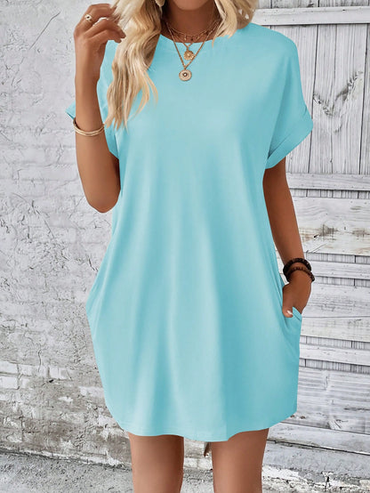 INAWLY Women's Round Neck Batwing Sleeve Solid Color Dress