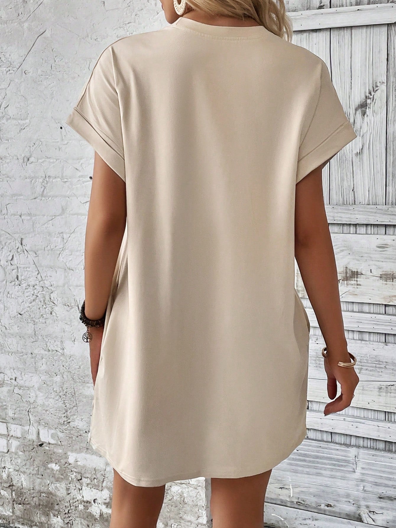 INAWLY Women's Round Neck Batwing Sleeve Solid Color Dress