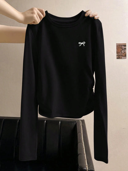 INAWLY Women's Round Neck Black Long Sleeve Bow Printed Casual T-Shirt