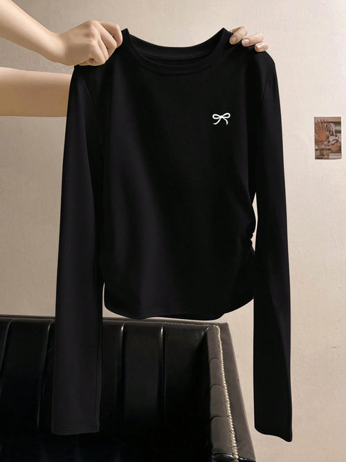 INAWLY Women's Round Neck Black Long Sleeve Bow Printed Casual T-Shirt