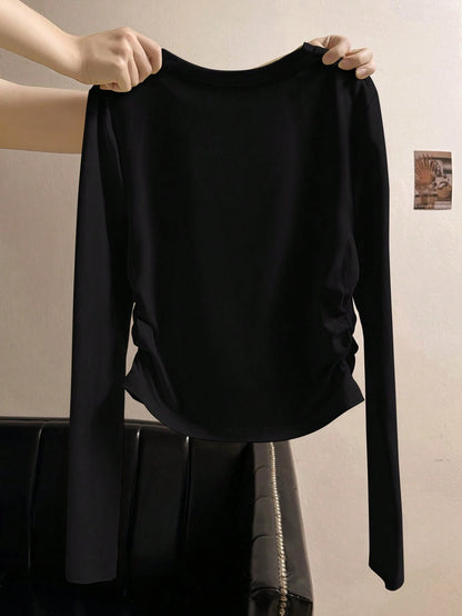 INAWLY Women's Round Neck Black Long Sleeve Bow Printed Casual T-Shirt