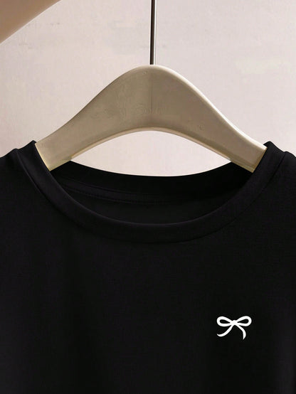INAWLY Women's Round Neck Black Long Sleeve Bow Printed Casual T-Shirt