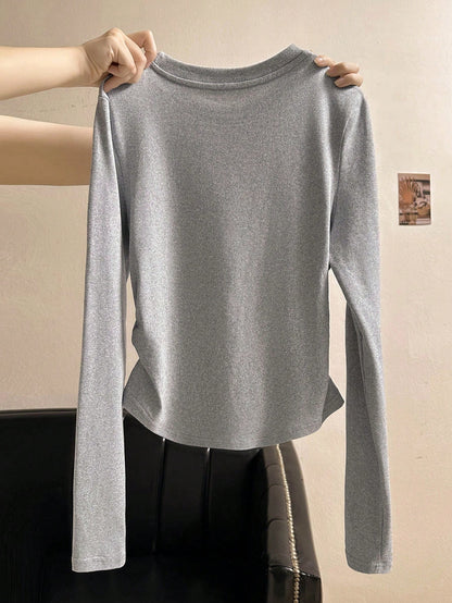 INAWLY Women's Round Neck Black Long Sleeve Bow Printed Casual T-Shirt