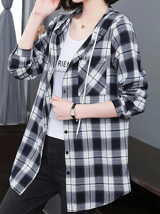 INAWLY Women's Single-Breasted Plaid Pattern Drawstring Hooded Shirt,Long Sleeve Tops Fall Cloth For Women