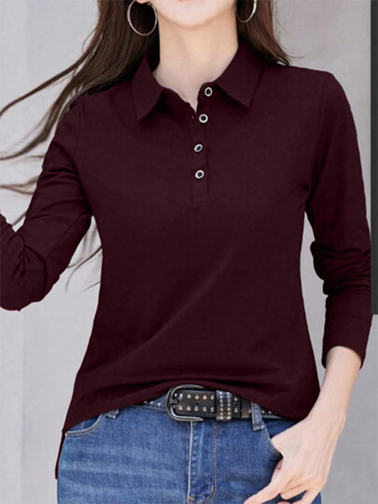 INAWLY Women's Solid Color Button Front Long Sleeve Casual T-Shirt, Simple For Everyday Wear Fall Cloth For Women