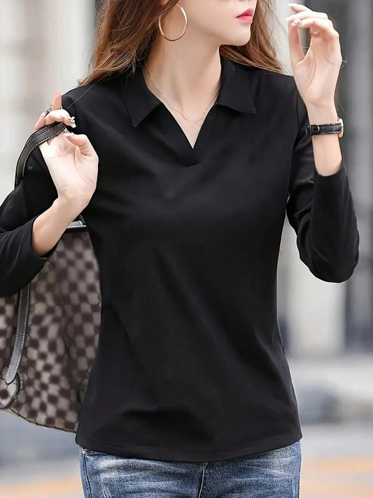 INAWLY Women's Spring/Summer Solid Color Lapel Loose Fit Casual Long Sleeve T-Shirt Fall Cloth For Women