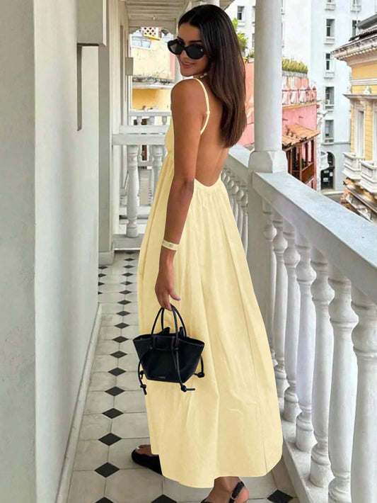 INAWLY Women's Summer Vacation Solid Color Backless Spaghetti Strap Dress