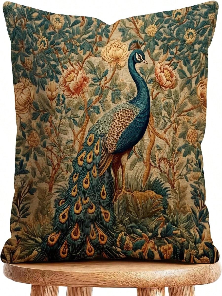 Independence Day Pillowcase William Morris Abstract Art Floral Design Throw Pillow Cover Home Decor, Vintage Peacock Pillowcase Cover For Bed Sofa Living Room, Indoor And Outdoor, Square Cushion Cover