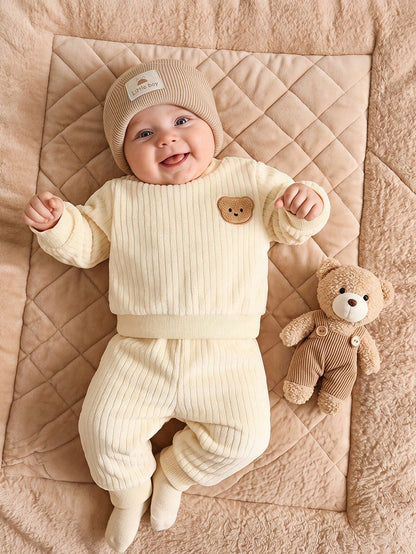 Infant/Toddler Cute Bear Plush Set, Winter Thermal Lined Thick Outdoor Two-Piece Coral Thermal Outfit