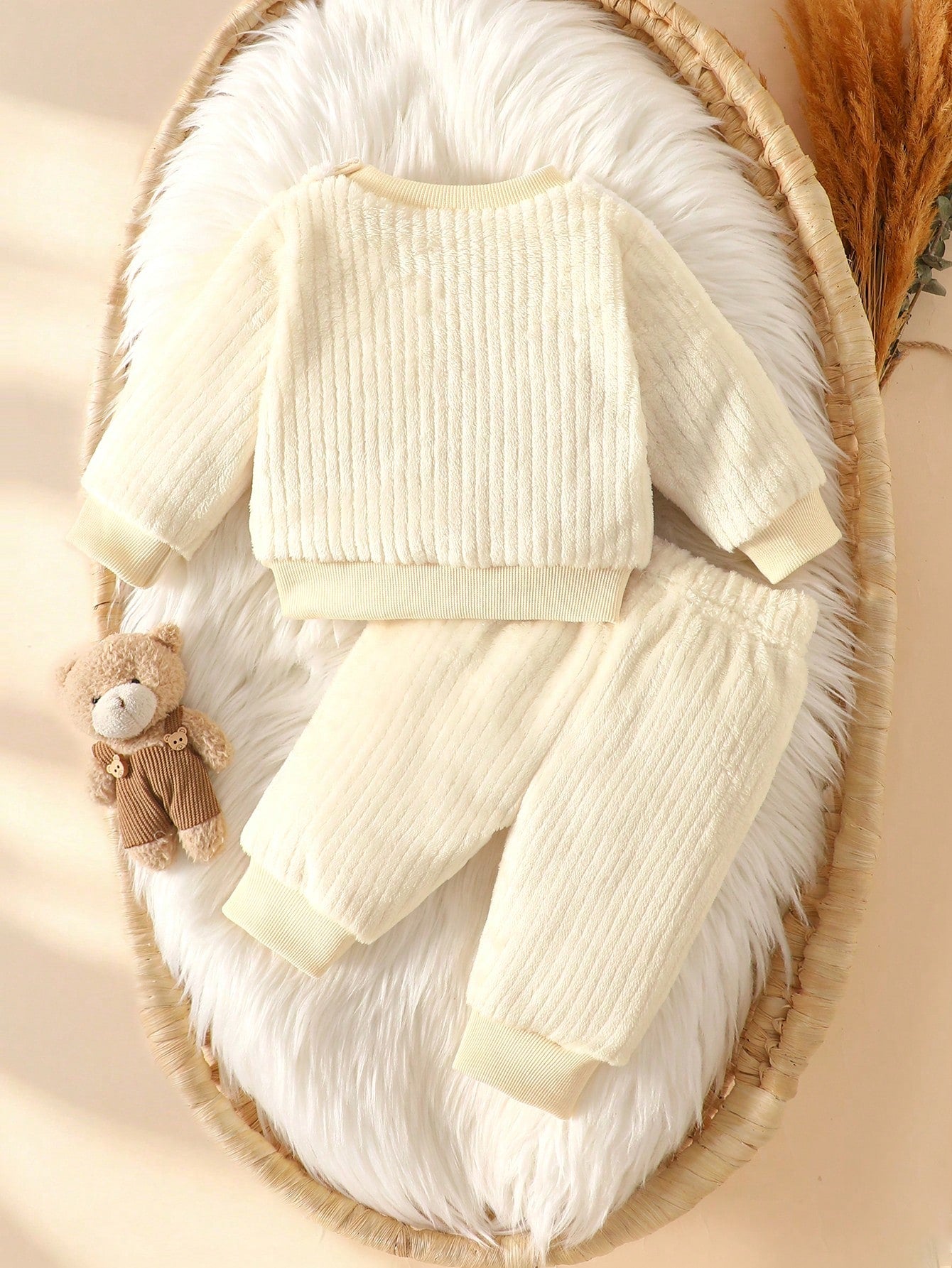 Infant/Toddler Cute Bear Plush Set, Winter Thermal Lined Thick Outdoor Two-Piece Coral Thermal Outfit