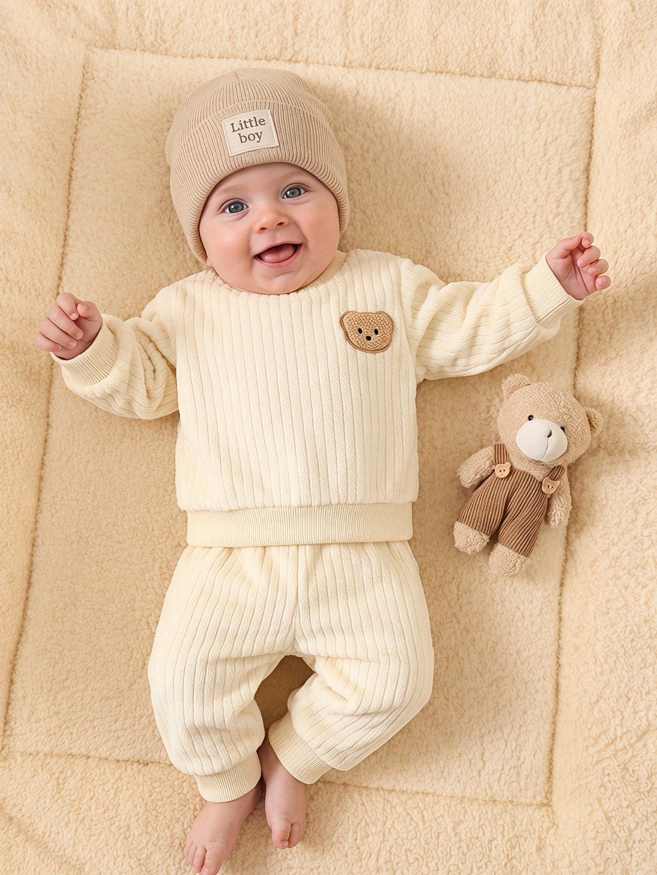 Infant/Toddler Cute Bear Plush Set, Winter Thermal Lined Thick Outdoor Two-Piece Coral Thermal Outfit