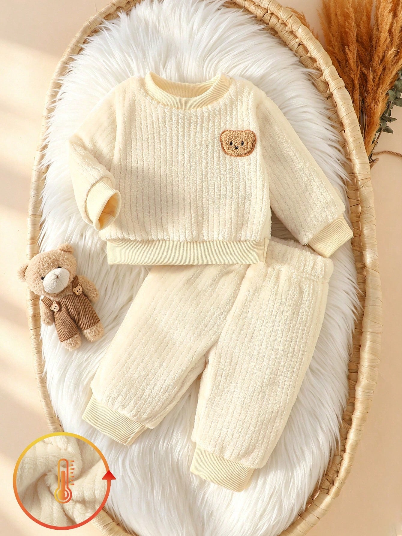 Infant/Toddler Cute Bear Plush Set, Winter Thermal Lined Thick Outdoor Two-Piece Coral Thermal Outfit