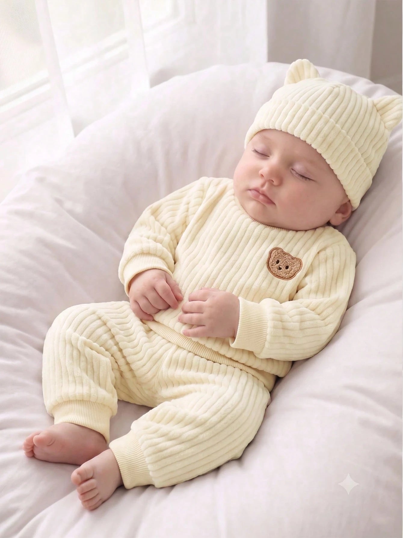 Infant/Toddler Cute Bear Plush Set, Winter Thermal Lined Thick Outdoor Two-Piece Coral Thermal Outfit