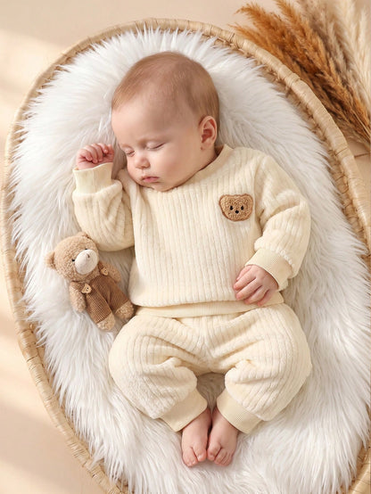 Infant/Toddler Cute Bear Plush Set, Winter Thermal Lined Thick Outdoor Two-Piece Coral Thermal Outfit