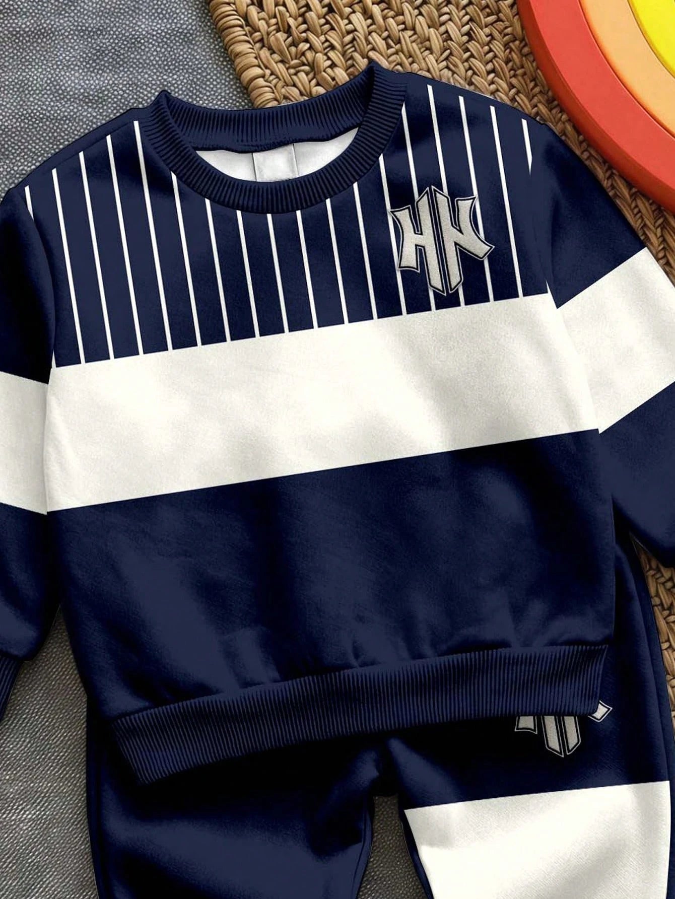 Infant Toddler Round Neck Casual Comfortable Set, Classic Vintage Striped Pattern Print, Retro Color Block Patchwork Pattern Print, Exquisite Small Logo Pattern Print, Suitable For Autumn/Winter