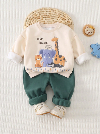 Infant Toddler Round Neck Casual Comfortable Set, Classic Vintage Striped Pattern Print, Retro Color Block Patchwork Pattern Print, Exquisite Small Logo Pattern Print, Suitable For Autumn/Winter