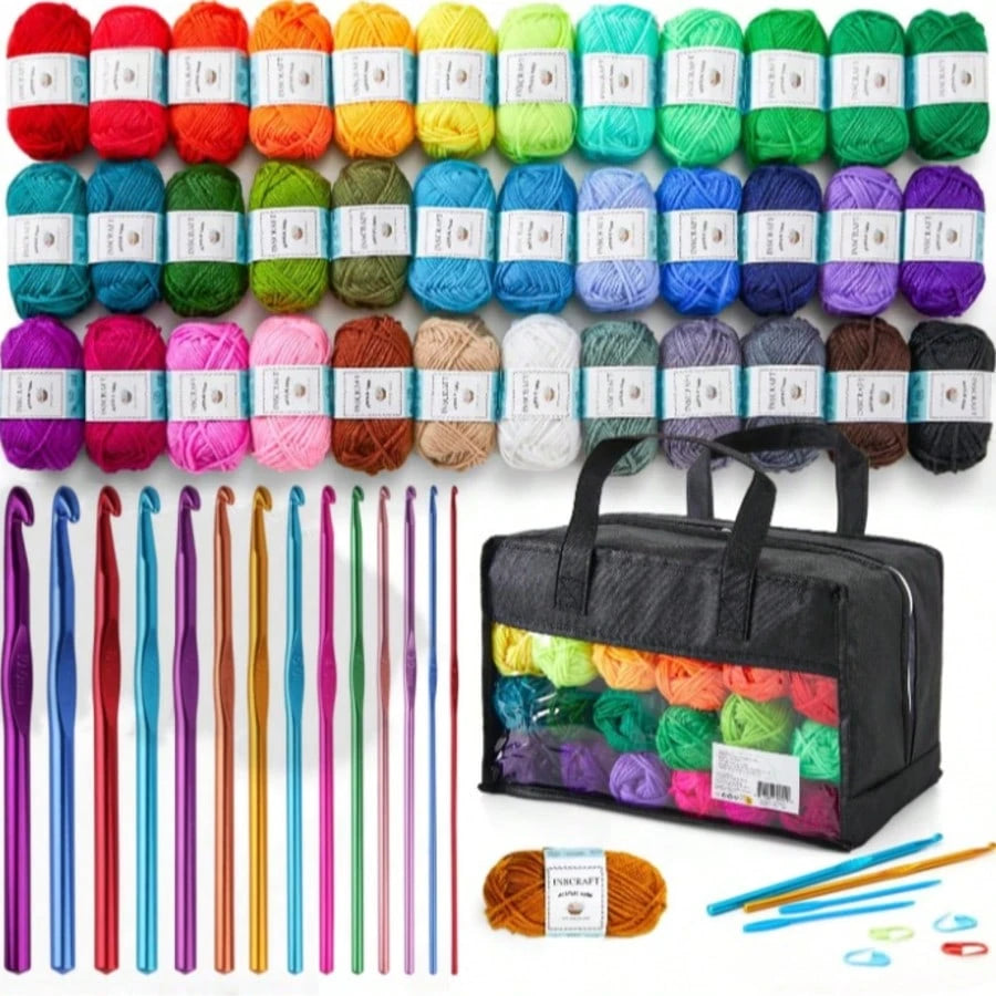 Inscraft 37 Acrylic Yarn Ball, 1820 Yards 52 Colors, 2 Crochet Hooks, 2 Knitting Needles, 10 Stitch Markers, 1 Bag, 14 Different Size Crochet Hooks For Crochet And Knitting, Gift For Beginners And Adu