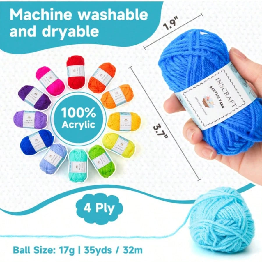 Inscraft 37 Acrylic Yarn Ball, 1820 Yards 52 Colors, 2 Crochet Hooks, 2 Knitting Needles, 10 Stitch Markers, 1 Bag, 14 Different Size Crochet Hooks For Crochet And Knitting, Gift For Beginners And Adu