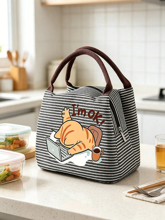 Insulated Lunch Bag With Work Cat Pattern, Women Pet Lover Lunch Bag, Comes With Black Utensil Storage Bag, Large Capacity, Student Meal Insulated Ice Bag, Portable Travel Picnic Bag, Office School Lu