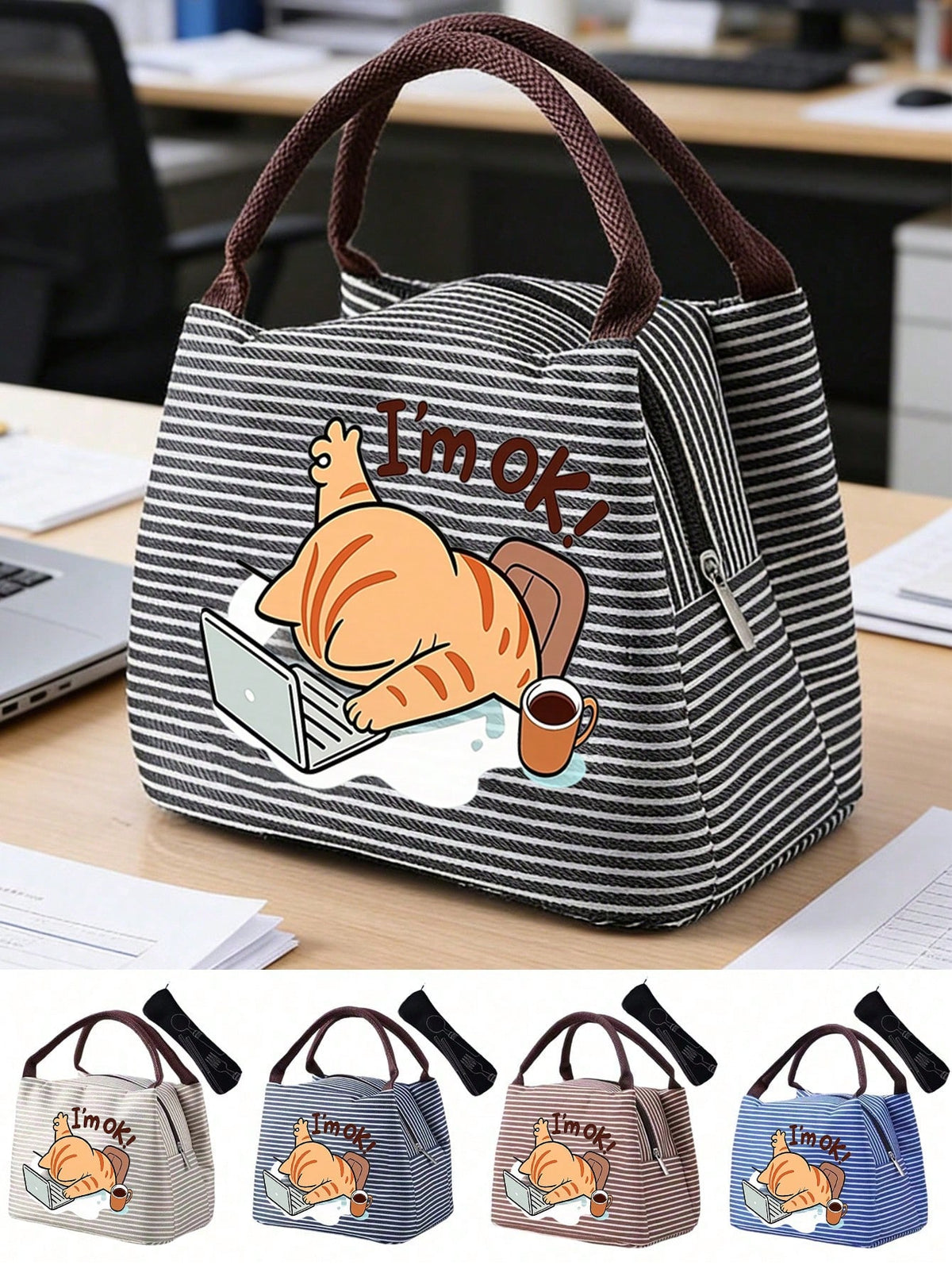 Insulated Lunch Bag With Work Cat Pattern, Women Pet Lover Lunch Bag, Comes With Black Utensil Storage Bag, Large Capacity, Student Meal Insulated Ice Bag, Portable Travel Picnic Bag, Office School Lu