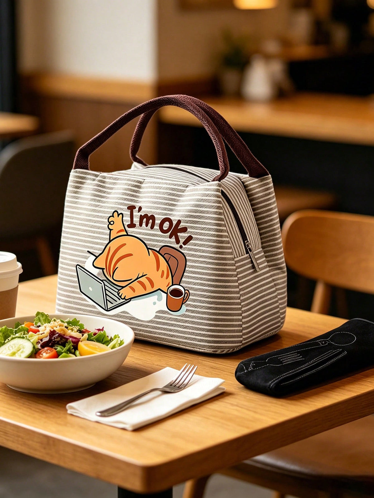Insulated Lunch Bag With Work Cat Pattern, Women Pet Lover Lunch Bag, Comes With Black Utensil Storage Bag, Large Capacity, Student Meal Insulated Ice Bag, Portable Travel Picnic Bag, Office School Lu