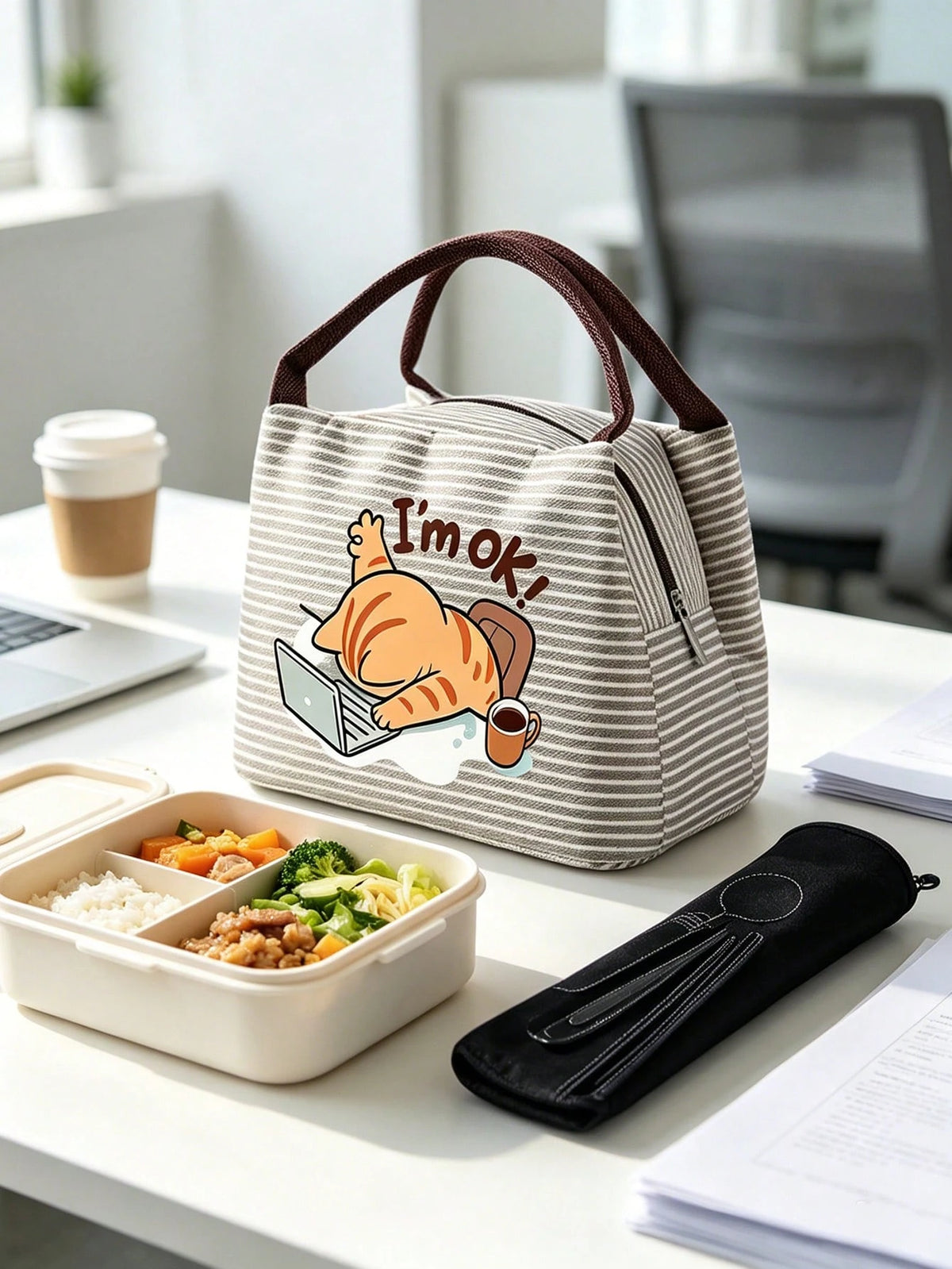 Insulated Lunch Bag With Work Cat Pattern, Women Pet Lover Lunch Bag, Comes With Black Utensil Storage Bag, Large Capacity, Student Meal Insulated Ice Bag, Portable Travel Picnic Bag, Office School Lu