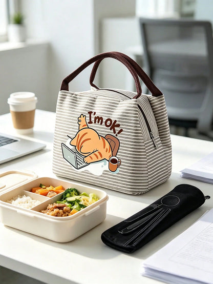 Insulated Lunch Bag With Work Cat Pattern, Women Pet Lover Lunch Bag, Comes With Black Utensil Storage Bag, Large Capacity, Student Meal Insulated Ice Bag, Portable Travel Picnic Bag, Office School Lu