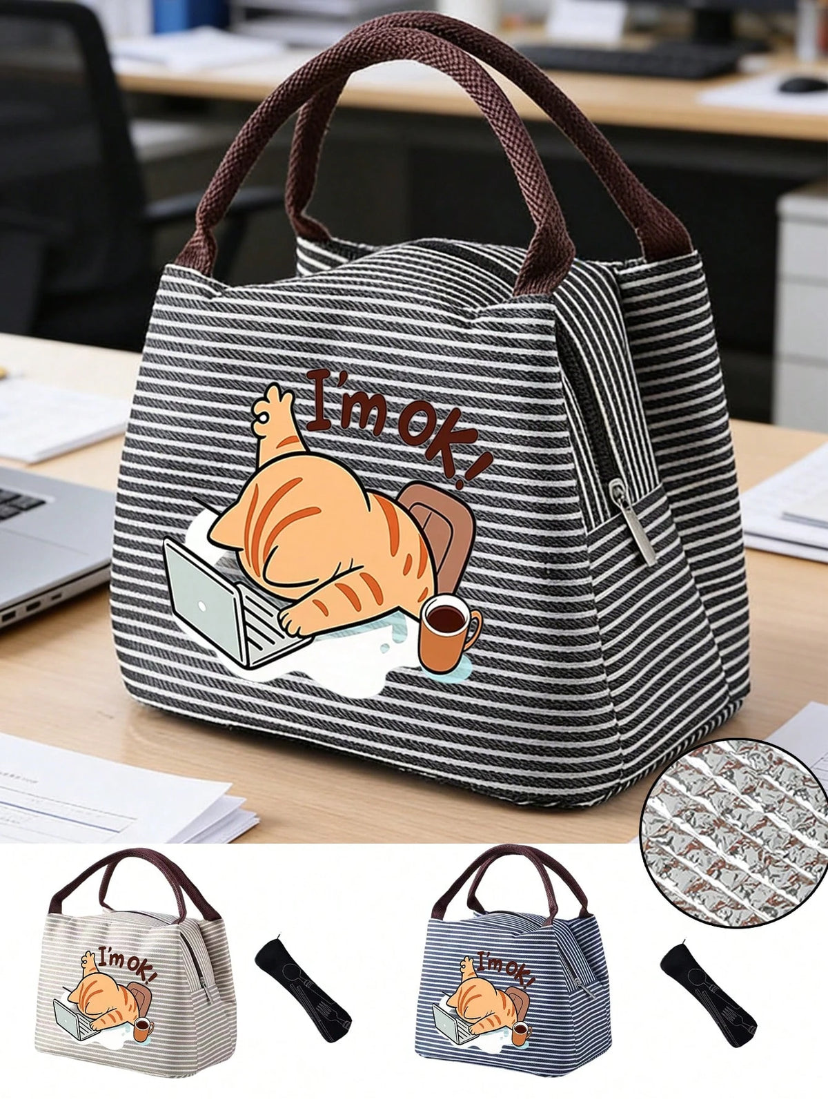 Insulated Lunch Bag With Work Cat Pattern, Women Pet Lover Lunch Bag, Comes With Black Utensil Storage Bag, Large Capacity, Student Meal Insulated Ice Bag, Portable Travel Picnic Bag, Office School Lu
