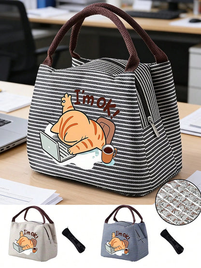 Insulated Lunch Bag With Work Cat Pattern, Women Pet Lover Lunch Bag, Comes With Black Utensil Storage Bag, Large Capacity, Student Meal Insulated Ice Bag, Portable Travel Picnic Bag, Office School Lu