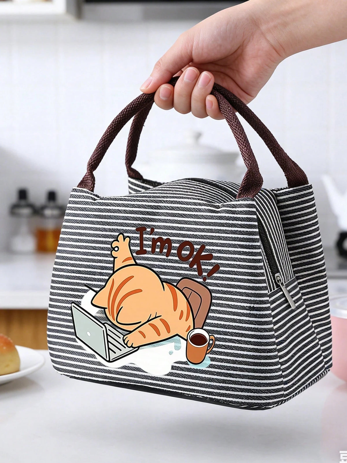 Insulated Lunch Bag With Work Cat Pattern, Women Pet Lover Lunch Bag, Comes With Black Utensil Storage Bag, Large Capacity, Student Meal Insulated Ice Bag, Portable Travel Picnic Bag, Office School Lu