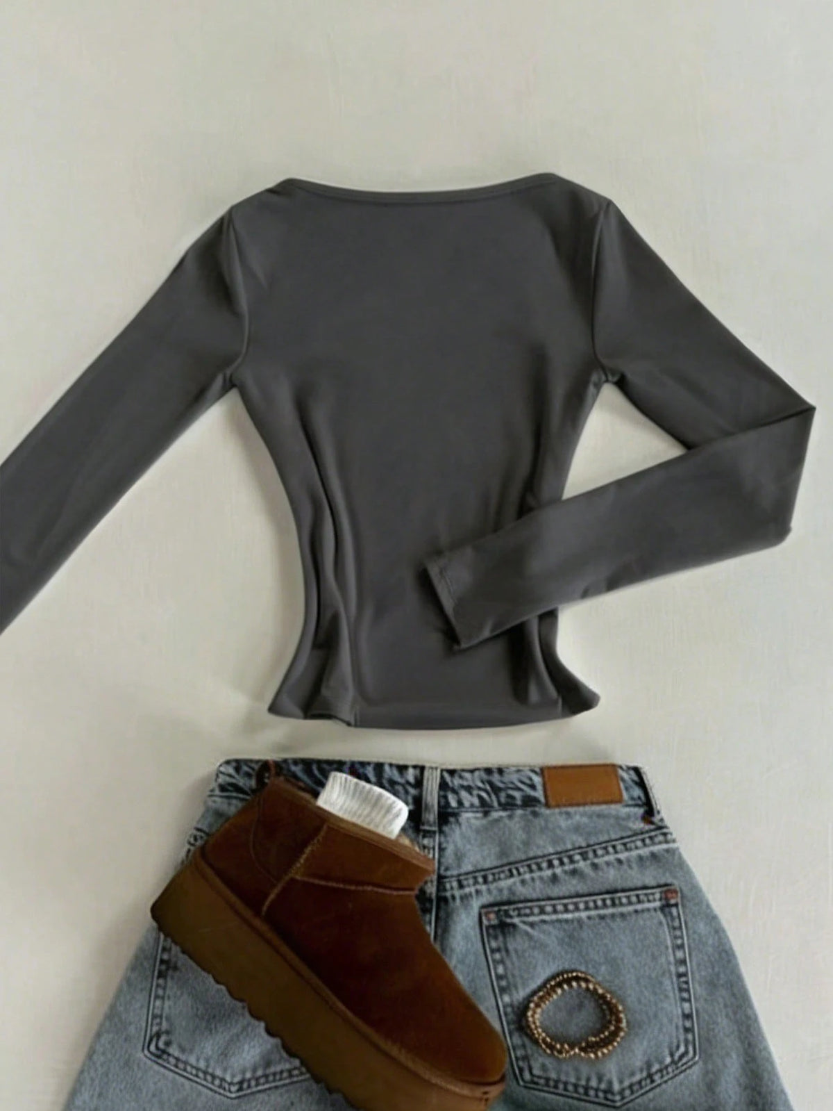 IslaSuriya Chic Dark Grey Square Neck Slim-Fit Long-Sleeve T-Shirt,Everyday Minimalist Fall Winter Top For Women,Gift For Mom Sisters Mother's Day Casual Wear