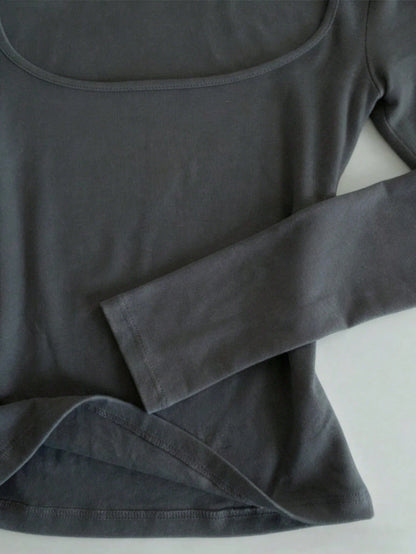 IslaSuriya Chic Dark Grey Square Neck Slim-Fit Long-Sleeve T-Shirt,Everyday Minimalist Fall Winter Top For Women,Gift For Mom Sisters Mother's Day Casual Wear