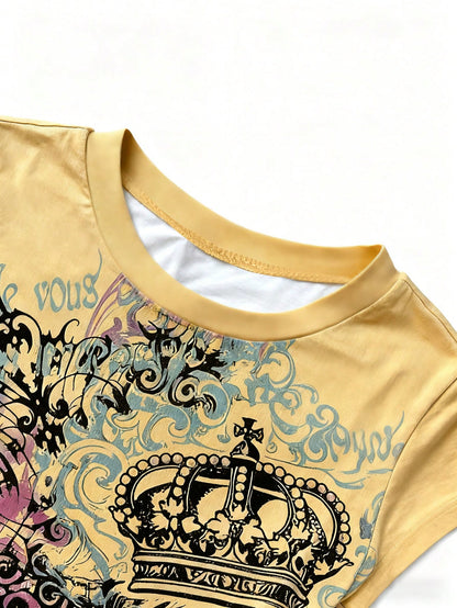 IslaSuriya Digital Print Placement Print Women's Crew Neck Fitted Short Sleeve T-Shirt