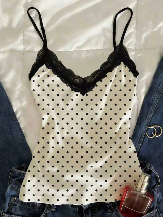 IslaSuriya Fashionable Lace Trim Polka Dot Print Casual Camisole