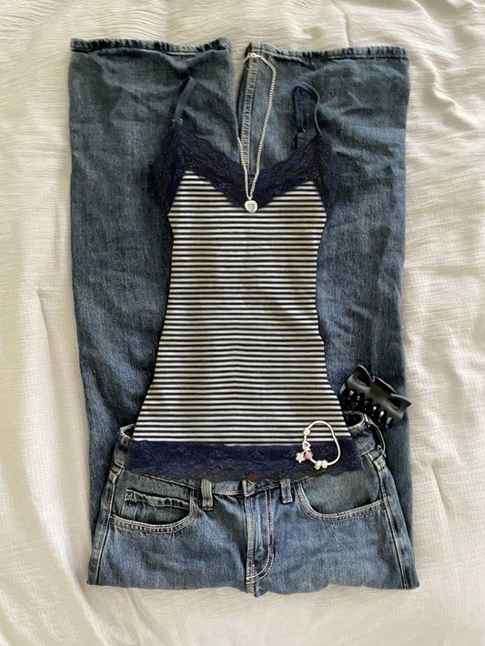 IslaSuriya Lace Patchwork Slim Fit Women's Striped Print Casual Camisole