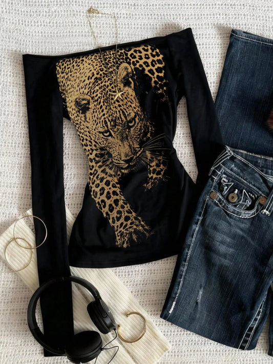 IslaSuriya Leopard Print Fashionable Minimalist Women's Off-Shoulder Long Sleeve T-Shirt Friend's Gift
