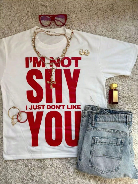 IslaSuriya White Ink Print Oversized Round Neck Short Sleeve T-Shirt