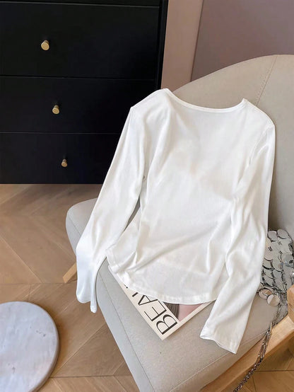 IslaSuriya Women's Solid Color Button Decor Casual Scoop Neck Long Sleeve T-Shirt