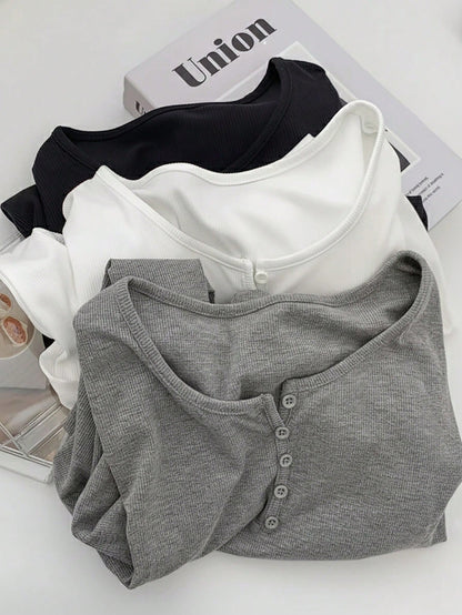 IslaSuriya Women's Solid Color Button Decor Casual Scoop Neck Long Sleeve T-Shirt
