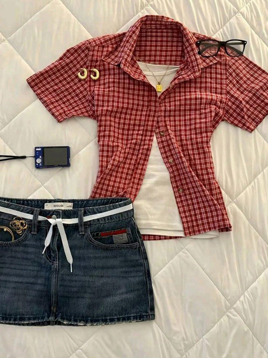 IslaSuriya Women's Summer Casual Commuting Vacation Collegiate Style Patterned Print Short Sleeve Shirt