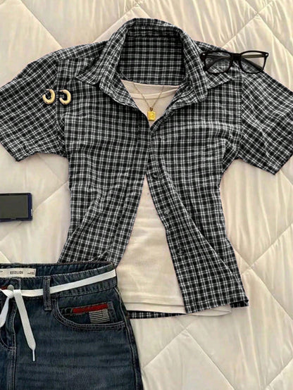IslaSuriya Women's Summer Casual Commuting Vacation Collegiate Style Patterned Print Short Sleeve Shirt