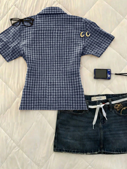 IslaSuriya Women's Summer Casual Commuting Vacation Collegiate Style Patterned Print Short Sleeve Shirt