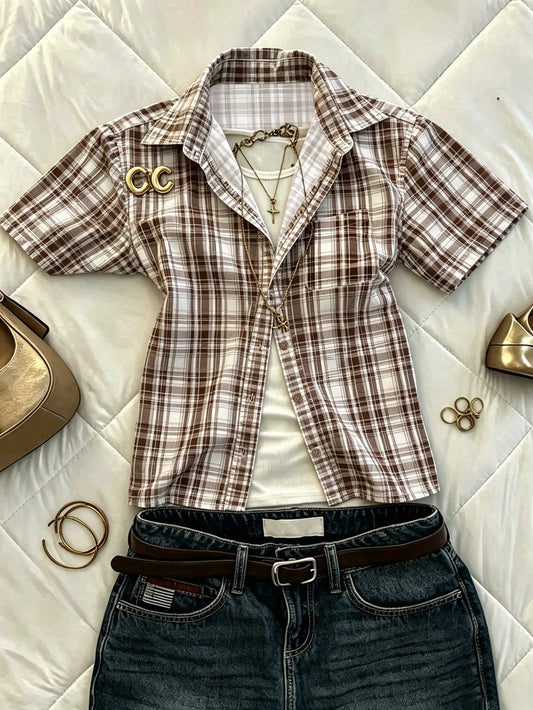 IslaSuriya Women's Summer Casual Plaid Shirt Blouse