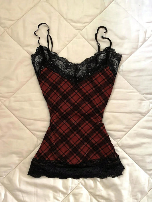 IslaSuriya Women's Summer New Millennium Y2K Plaid Lace Patchwork Versatile Slimming Camisole Tank Top