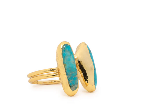 Jean Two Elongated Aqua Stones on Open Gold Band