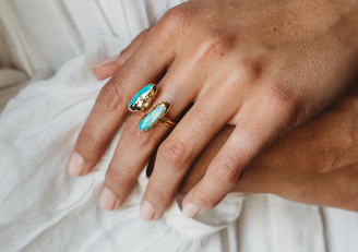 Jean Two Elongated Aqua Stones on Open Gold Band