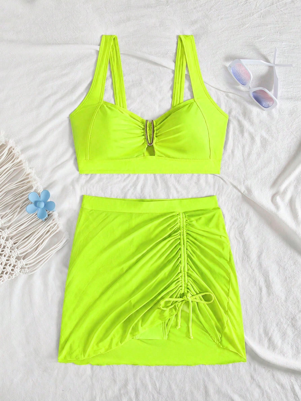 jeederkim New Summer Women's Bikini Top With Metal Decoration, Paired With Matching Transparent Mini Skirt, Perfect For Summer Beach Wear Vacation
