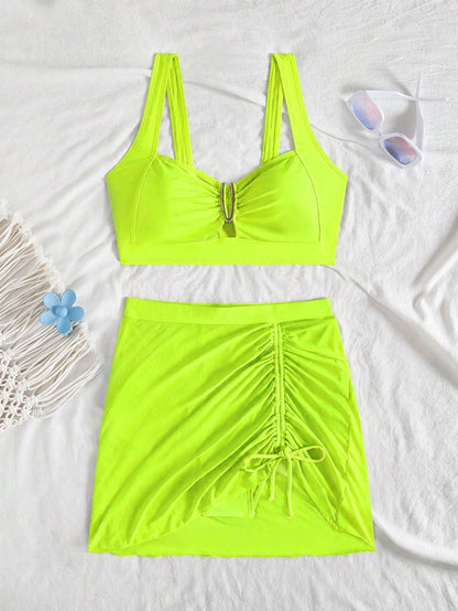 jeederkim New Summer Women's Bikini Top With Metal Decoration, Paired With Matching Transparent Mini Skirt, Perfect For Summer Beach Wear Vacation