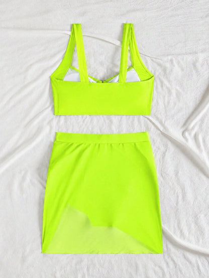jeederkim New Summer Women's Bikini Top With Metal Decoration, Paired With Matching Transparent Mini Skirt, Perfect For Summer Beach Wear Vacation
