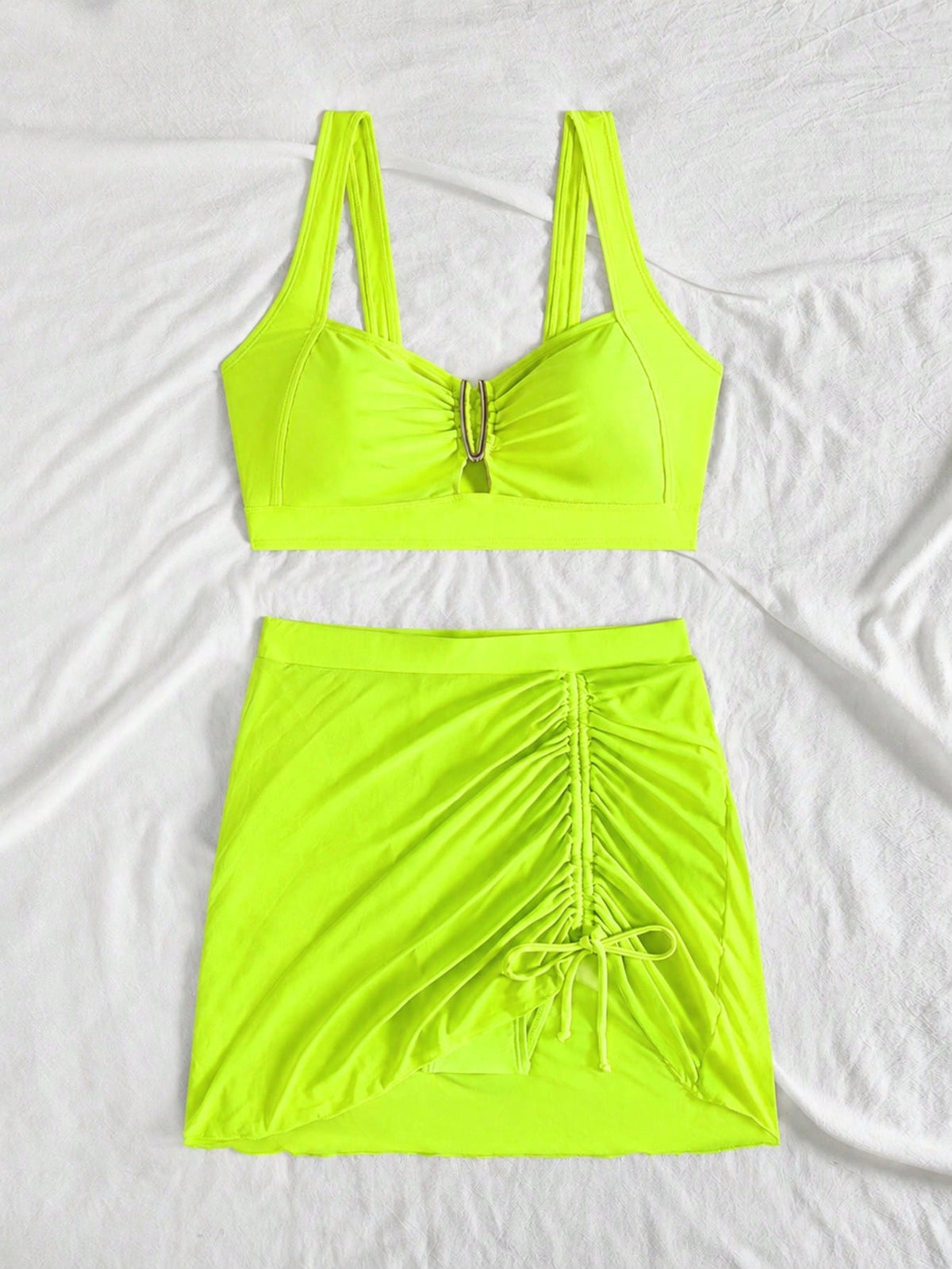 jeederkim New Summer Women's Bikini Top With Metal Decoration, Paired With Matching Transparent Mini Skirt, Perfect For Summer Beach Wear Vacation